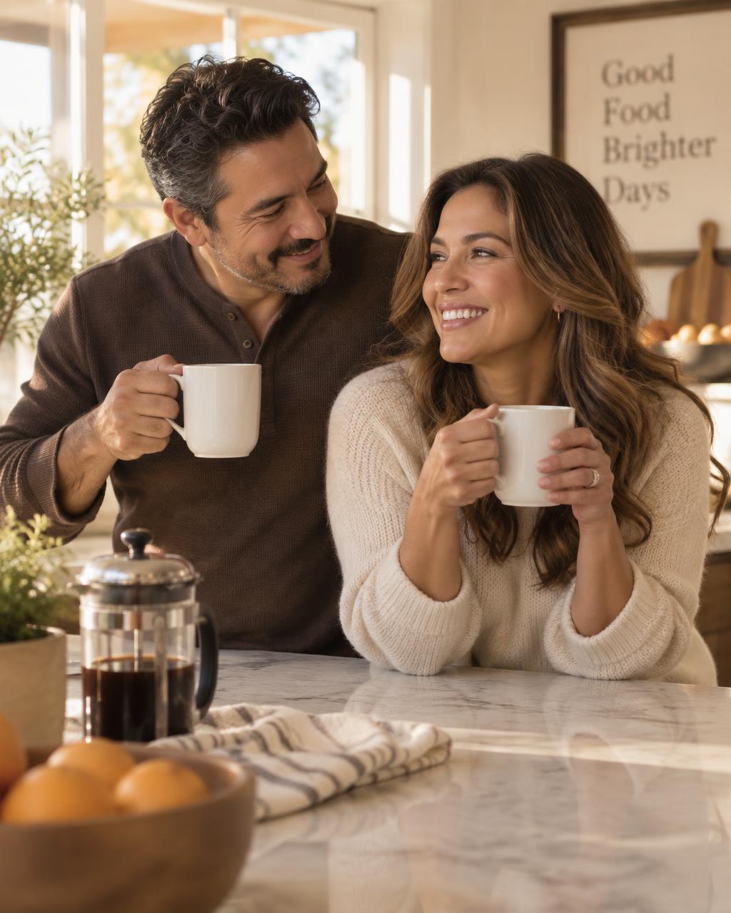 Couple enjoying Pura Vida coffee in morning light