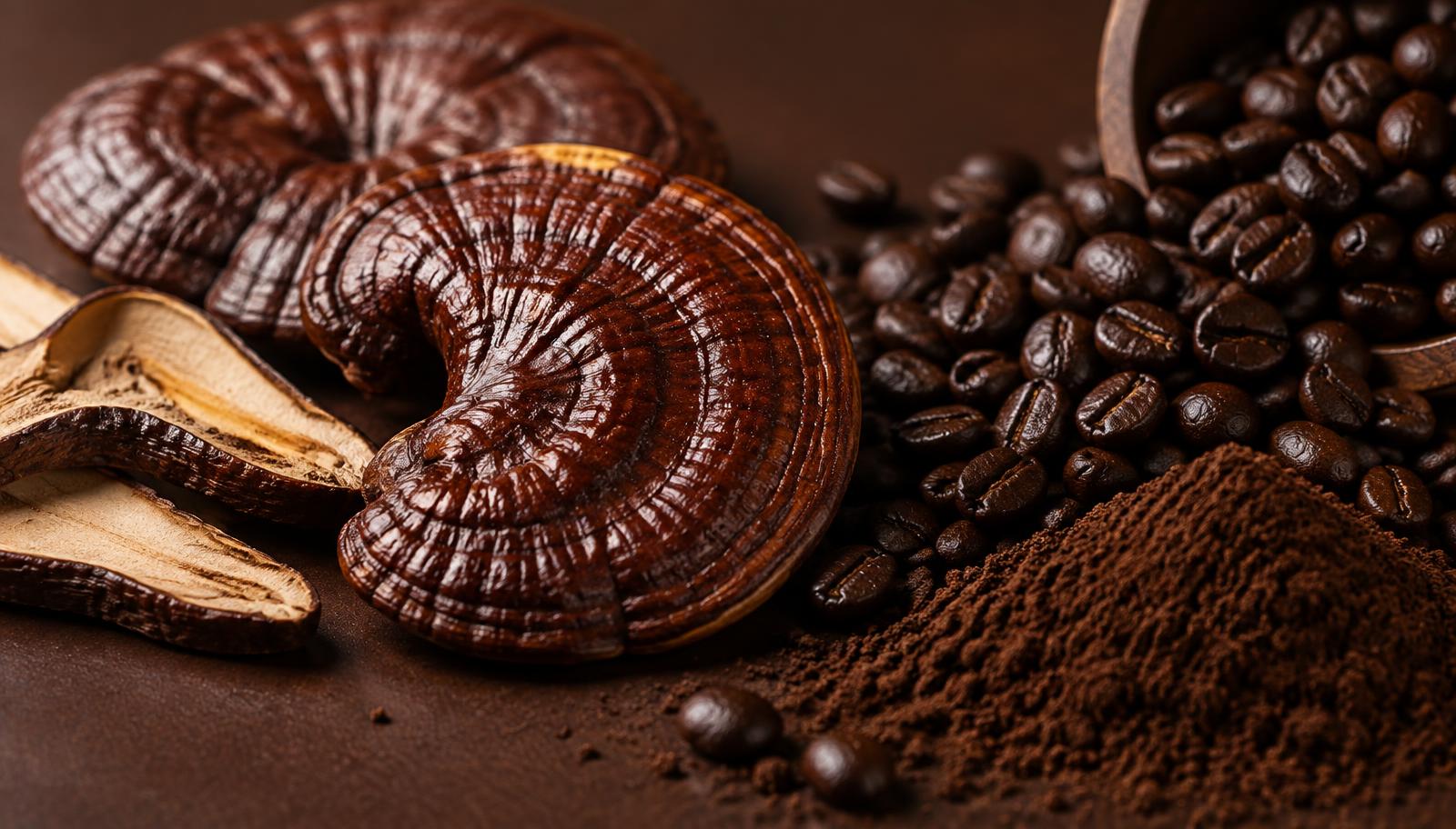 Reishi mushroom beside roasted coffee beans and ground coffee